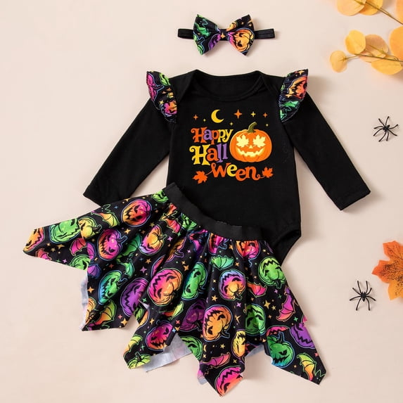 MEZZALL Girl Halloween Outfit Long Sleeve O-Neck Bodysuit Tutu Skirt With Colorful Pumpkin Print Toddler Fall Comfort Clothes Sets
