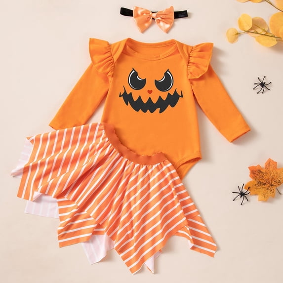 MEZZALL Girl Halloween Outfit Long Sleeve O-Neck Bodysuit With Pumpkin Print Tutu Skirt Toddler Fall Boho Clothes Sets