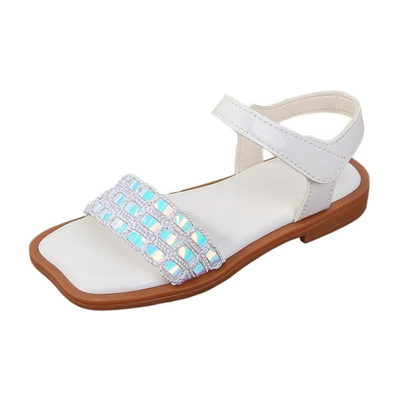 MEZZALL Girl Princess Sandals Rhinestone Slingback Sandals Ankle Strap Casual Bohemian Beach Shoes Stylish Toddler Footwear, White, 5.5-6 Years