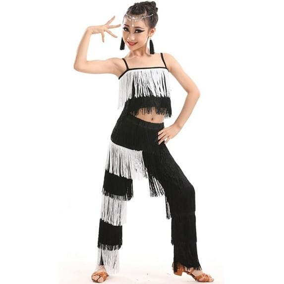 MEZZALL Girls 2PCS Latin Ballroom Dance Outfits Sets Tassel Camisole Fringe Pants Modern Dancewear Toddler Dailywear Fashionable / 4-5 Years