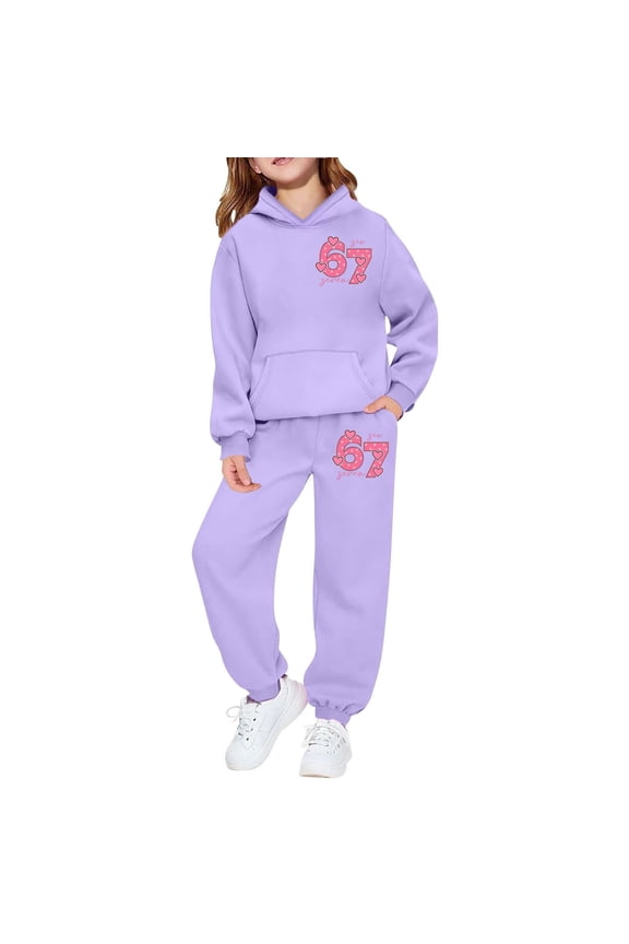 Girls 67 Printed Hoodie Jogger Sweatshirt Tops Trousers Pants Sets Cute Casual Two Piece Outfits With Pockets For Play And School Classic Long Sleeve Clothing Sets