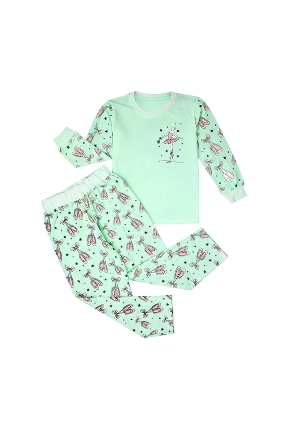 Girls Ballet Print O-Neck Sleep Shirts Pants Two Piece Night Leisure Home Soft Comfortable Sleep Outfit Sets Kids Long Sleeve Lovely Clothes Sets