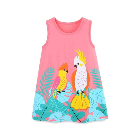 MEZZALL Girls Bird Print Knitted Cotton Dress Sundress Sleeveless Princess Summer Dress Sundress, Pink, 5-6 Years