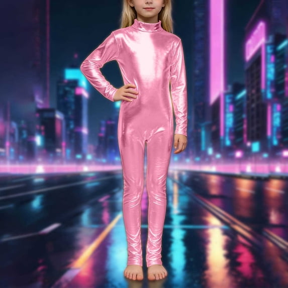 MEZZALL Girls Bodysuits Metallic High Neck Long Sleeve Performance Romper With Glitter Gold And Back Zipper For Dance Stage Wear O-Neck Solid Color Adorable Back To School Onesie