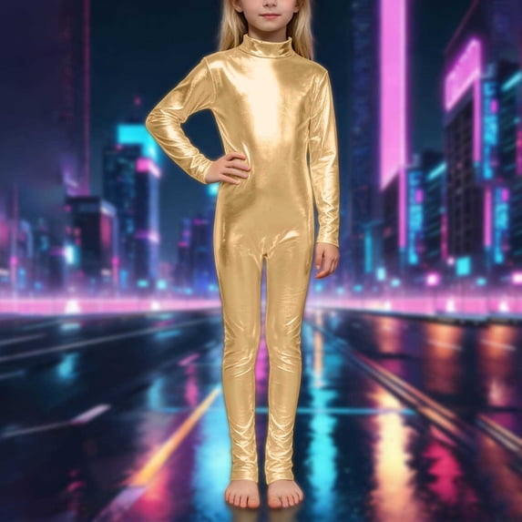 MEZZALL Girls Bodysuits Metallic High Neck Long Sleeve Performance Romper With Glitter Gold And Back Zipper For Dance Stage Wear O-Neck Solid Color Leisure Back To School Onesie