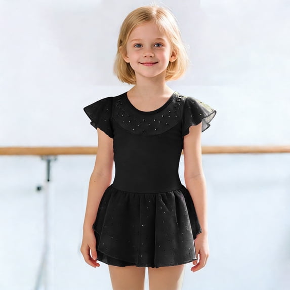 MEZZALL Girls Bodysuits Short Sleeve Ballet Romper With Sparkly Skirt For Dance Practice And Performance O-Neck Solid Color Stylish Back To School Onesie