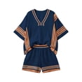 thumbnail image 1 of MEZZALL Girls Boho Striped 2 Piece Outfit Set, V Neck Batwing Sleeve Striped Blouse & Elastic Waist Pocket Shorts Matching Suit, Lightweight Breathable Vacation Outfit for Girls Boho Clothes Sets, 1 of 4