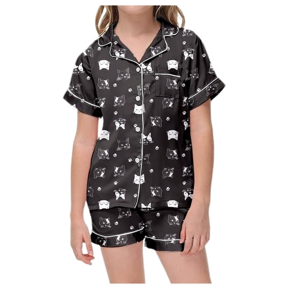 MEZZALL Girls Cartoon Cats Print Satin Pajamas Sets Short Sleeve Lapel Button Down Tops & Shorts 2 Piece Kids Sleepwear Cozy Nightwear