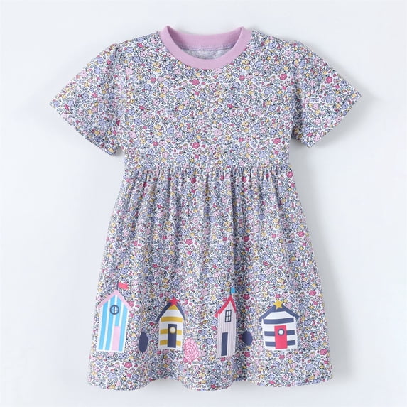 MEZZALL Girls Cartoon Floral A-Line Dress Kids Lightweight Party Kidswear Girls Comfortable Everyday Dress With Cute Print O-Neck Stylish Dresses