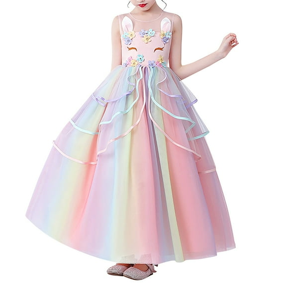 MEZZALL Girls Casual Fashion Princess Wedding Prom Dress Rainbow Sundress, Pink, 5 Y-6 Y