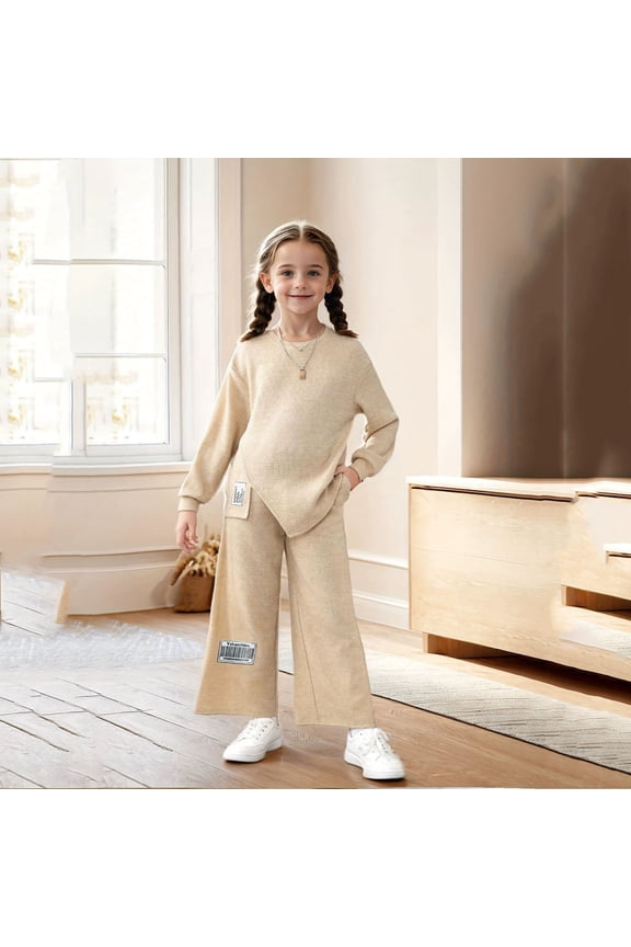 Girls Casual Outfits Letter Patchwork Hem Knit Pants Two Piece Coordinated Toddler Cartoon Playwear Comfy Daily Wear Tops And Bottom Stylish Clothing Sets