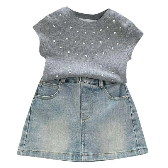 MEZZALL Girls Clothing Sets 3-10 Year Girls Casual Summer Wear Blouse Tops And Denim Short Skirt Sets Casual Clothing Comfortable Elastic Material Daily Wear Toddler Outfits Birthday / 5-6 Years