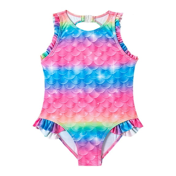 MEZZALL Girls Colorful Swimsuit Girls Fish Scale Printed Swimsuit Vacation Hawaii Beachwear, Multicolour, 8-10 Years