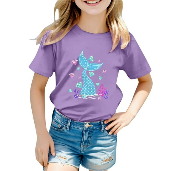 MEZZALL Girls Cute Graphic Kids T-Shirt Short Sleeve Tshirts Cartoon Ocean Tee Tops, Purple, 6-7 Years
