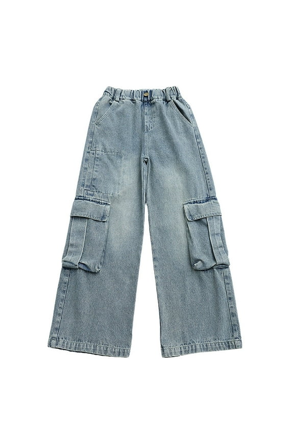 Girls Denim Work Pants For Autumn Stylish Autumn Clothes Straight And Wide Leg Pants Slacks Trousers For 4 15 Years Old. Trendy Toddler Cartoon Clothing