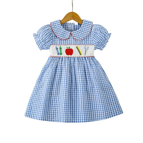 MEZZALL Girls Dresses Floral Embroidery Checkered Summer Dress With Collar And Puff Sleeves For Toddler Kids Comfortable Casual Outfits Boho Cartoon Clothing
