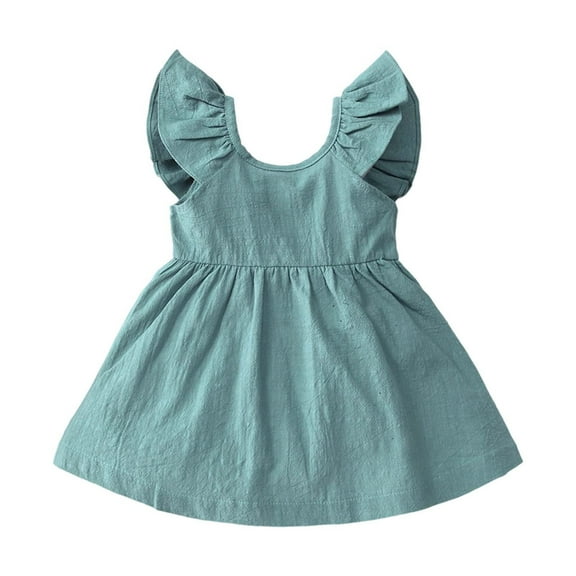 MEZZALL Girls Dresses O-Neck Flutter Sleeve Casual Summer Dress For Toddler Age 2-6 Elastic Waist Solid Color Comfortable For Daily Wear Sundress Birthday / 4-5 Years