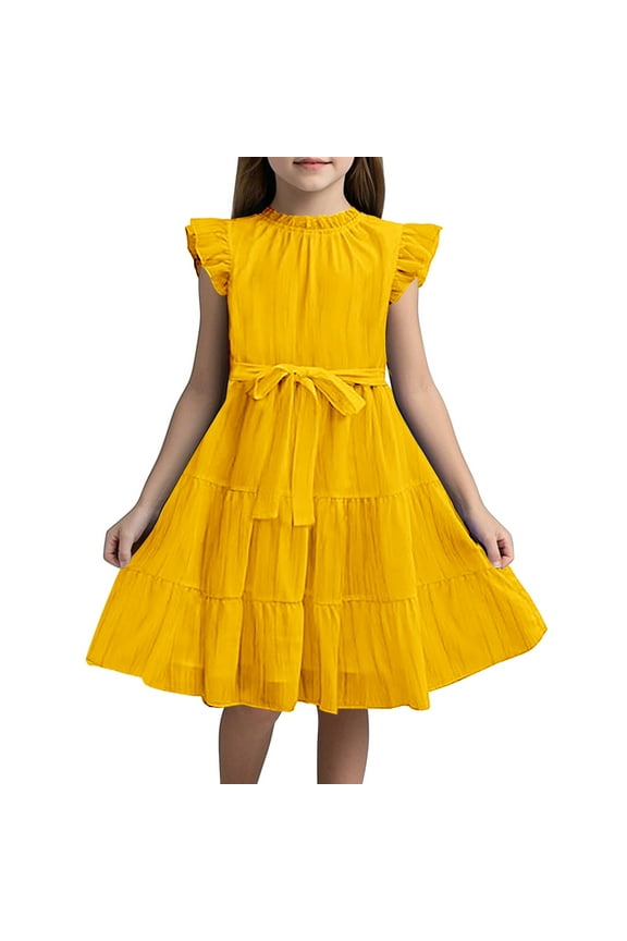 Girls Dresses Ruffle Sleeves Summer Ruffle Neck Chiffon Dress Plain Children Elegant A-Line Party Dress Kids Festive Dress With Belt 5 13 Years Lovely Toddler Baby Wear 130