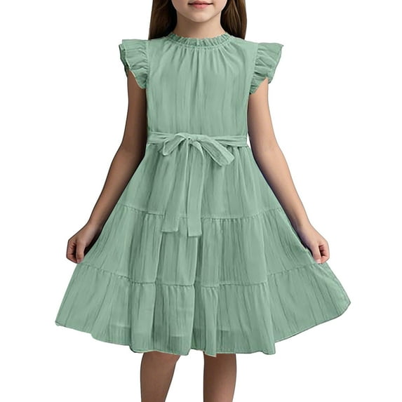 MEZZALL Girls Dresses Ruffle Sleeves Summer Ruffle Neck Chiffon Dress Plain Children Elegant A-Line Party Dress Kids Festive Dress With Belt 5 13 Years Relaxed Fit Toddler Baby Wear 130