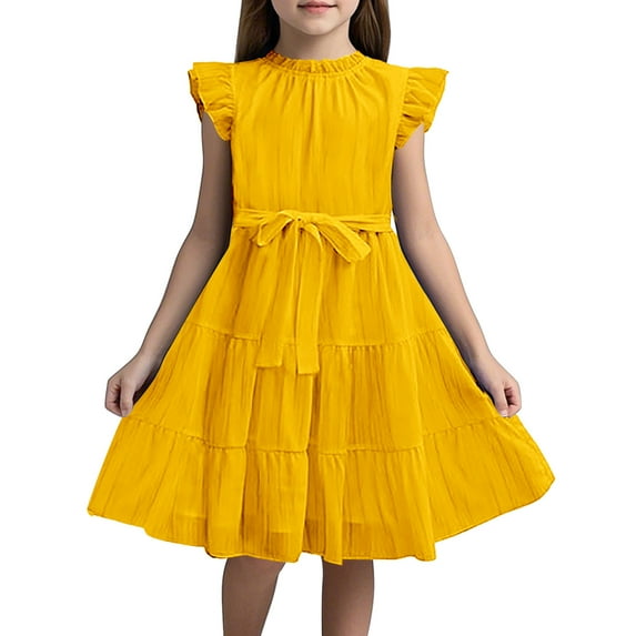 MEZZALL Girls Dresses Ruffle Sleeves Summer Ruffle Neck Chiffon Dress Plain Children Elegant A-Line Party Dress Kids Festive Dress With Belt 5 13 Years Versatile Toddler Baby Wear 140