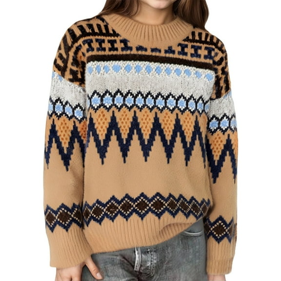 MEZZALL Girls Fair Isle Knit Sweater For Toddler Kids Soft Warm Long Sleeve Pullover Tops Comfortable Casual Winter Fall Cartoon Clothing Relaxed Fit Cartoon Clothing