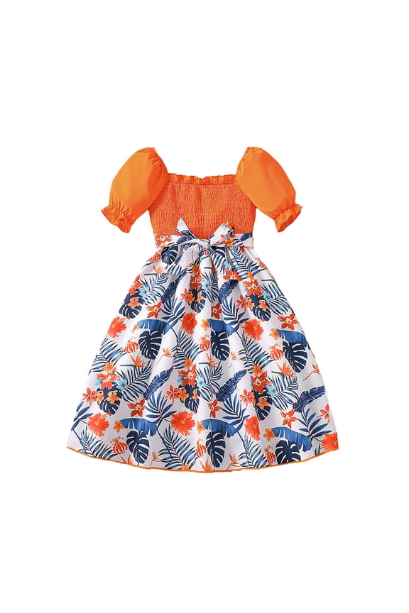 Girls Floral Dress Puffed Sleeves Boho Dresses Ruffle Casual Summer Square Neck Dressy Frocks for Kids Girls 7-12Y