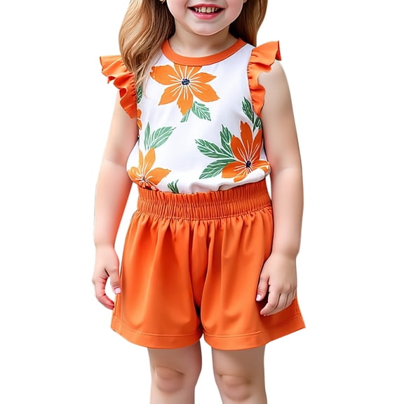 MEZZALL Girls Floral Print Fly Sleeve Tops Solid Color Casual Cute Shorts Set, Orange, 18-24 Months