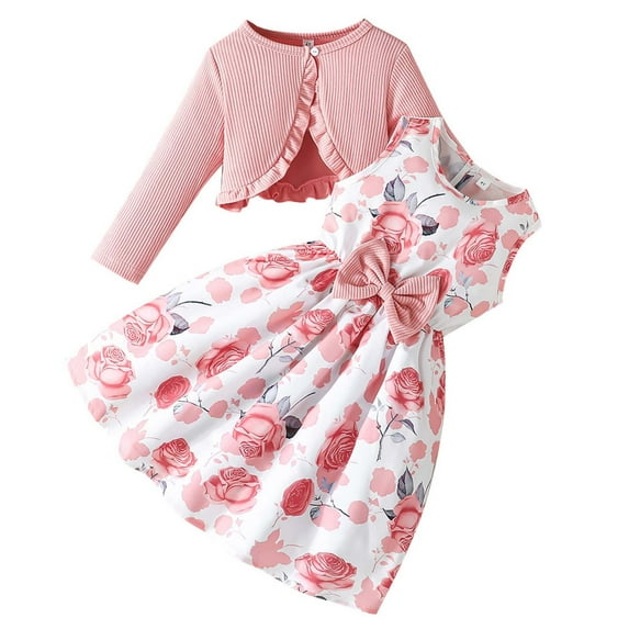 MEZZALL Girls Floral Solid Color Cardigan Dresses Sets Casual Fall Outfits Toddler Kids Playwear Everyday Comfortable Dressy Clothes Leisure Child Clothes Sets
