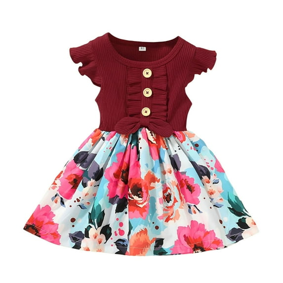 MEZZALL Girls' Flutter Sleeve Dress Sets With Bow Detail Ribbed Cotton Tops & Floral Skirt For Summer 18-24 Months Leisure Baby Wear