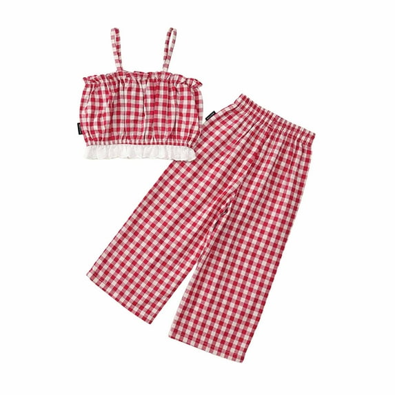 MEZZALL Girls Gingham Print Tank Tops & Wide Leg Pants Set Casual Summer Outfit For Toddlers 3 8 Years Cozy Baby Wear