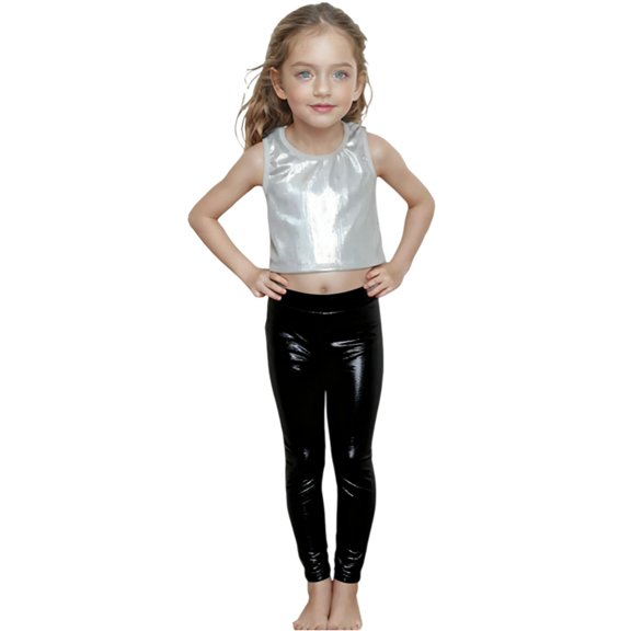 MEZZALL Girls Glitter Metallic Stripe Leggings Performance Dance Pants Stretchy Straight Leg Trousers Stage Kids Comfort Toddler Solid Color Athletic Simple Slacks