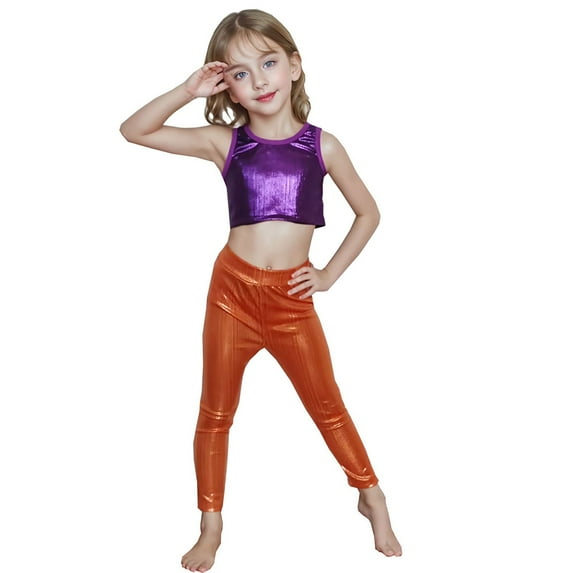 MEZZALL Girls Glitter Metallic Stripe Leggings Performance Dance Pants Stretchy Straight Leg Trousers Stage Kids Leisure Toddler Solid Color Athletic Simple Slacks