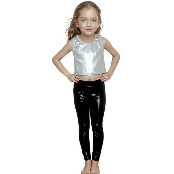 MEZZALL Girls Glitter Metallic Stripe Leggings Performance Dance Pants Stretchy Straight Leg Trousers Stage Kids Versatile Toddler Solid Color Athletic Simple Slacks