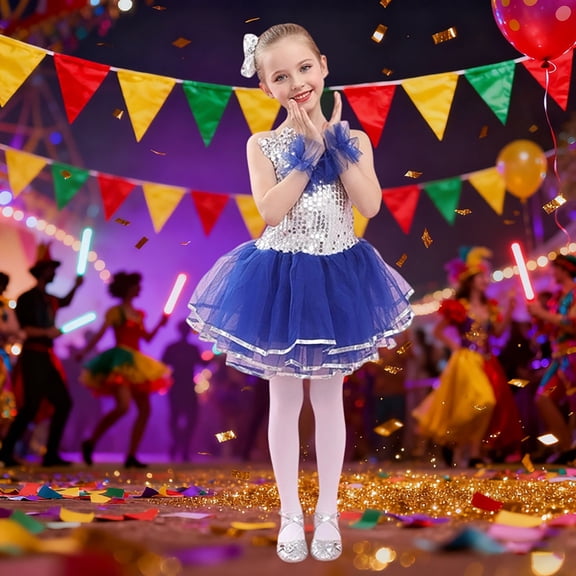 MEZZALL Girls Glitter Puff Sleeve Tutu Dress Performance Dance For Stage Party And Sparkly Leotard With Layered Skirt Outfits Breathable Clothing Sets