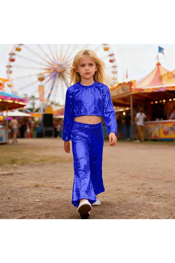 Girls Glitter Sequin Party Performance Outfits Two Piece Round Sequins Long Sleeve O-Neck Tops Flared Pants Stage Shows Breathable Clothing Sets