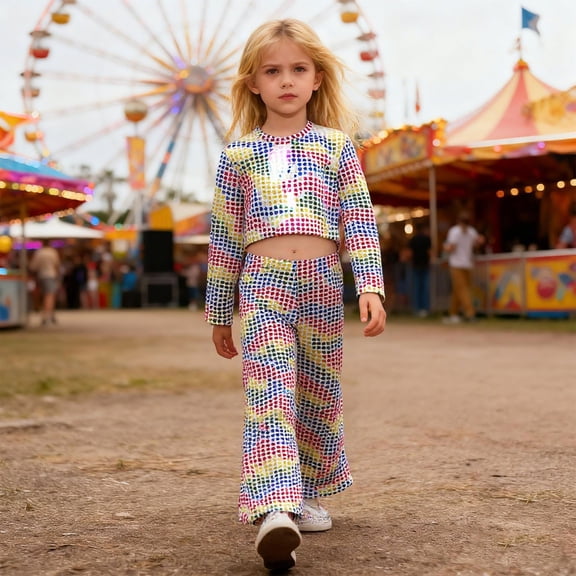 MEZZALL Girls Glitter Sequin Party Performance Outfits Two Piece Round Sequins Long Sleeve O-Neck Tops Flared Pants Stage Shows Lovely Clothing Sets