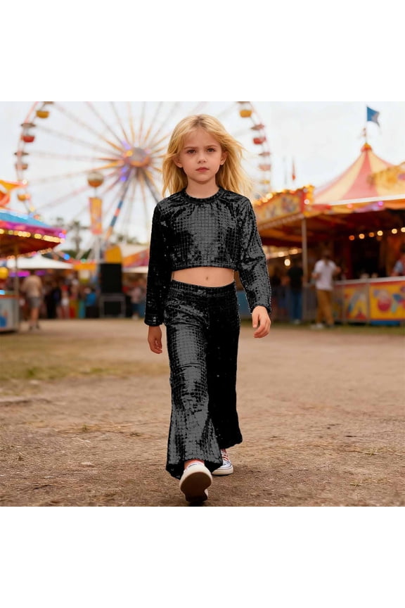 Girls Glitter Sequin Party Performance Outfits Two Piece Round Sequins Long Sleeve O-Neck Tops Flared Pants Stage Shows Trendy Clothing Sets