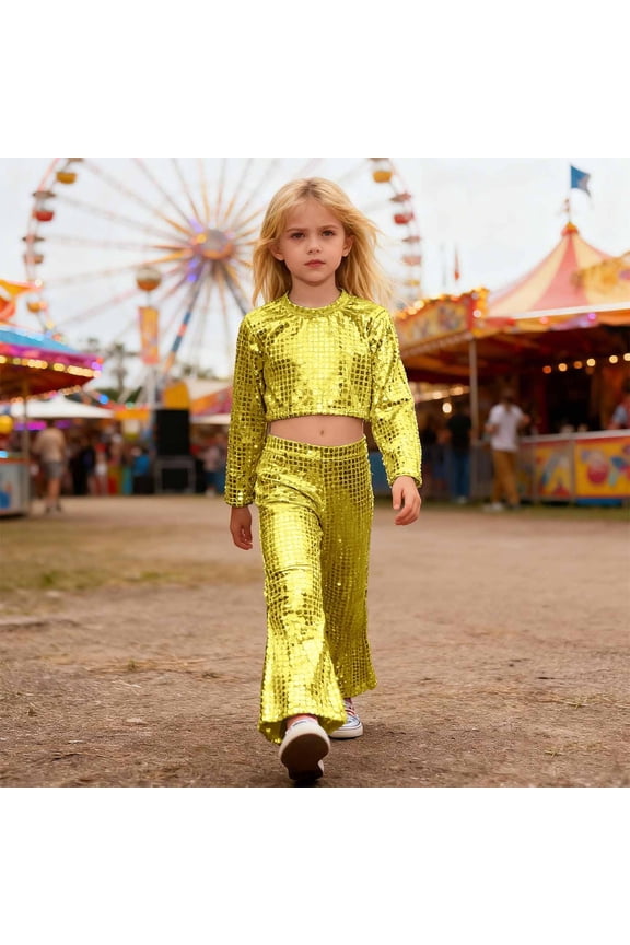 Girls Glitter Sequin Party Performance Outfits Two Piece Round Sequins Long Sleeve O-Neck Tops Flared Pants Stage Shows Versatile Clothing Sets