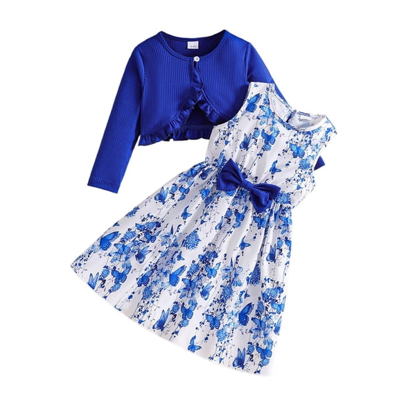 MEZZALL Girls Green Floral 2 Piece Outfit Set, Long Sleeve Ribbed Knit Cardigan & Bow Floral Print Sleeveless Dress Matching Suit, Soft Vacation Outfit for Little Girls Relaxed Fit Clothes Sets