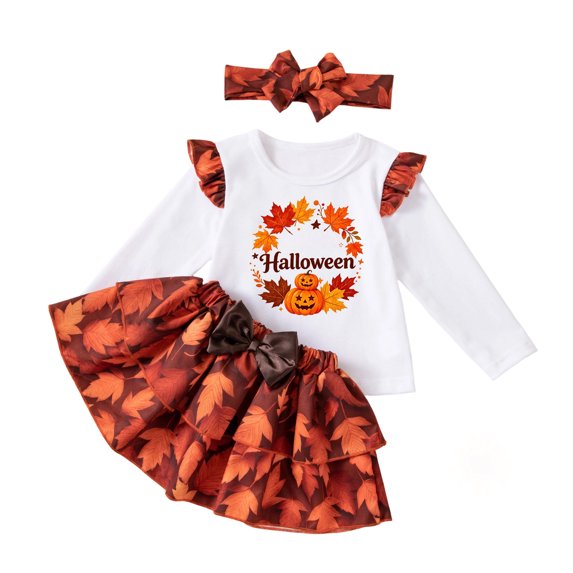 MEZZALL Girls Halloween Maple Leaf O-Neck Long Sleeve Tops Tunic Satin Skirt Headband Baby Thanksgiving Party Outfit Trendy Clothes Sets