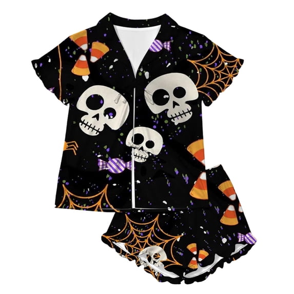 MEZZALL Girls Halloween Pajama Sets Sleepwear Two Piece Cozy Short Sleeve Lapel Button Shirts Blouse Tops With Shorts For Toddler Kids Nightwear