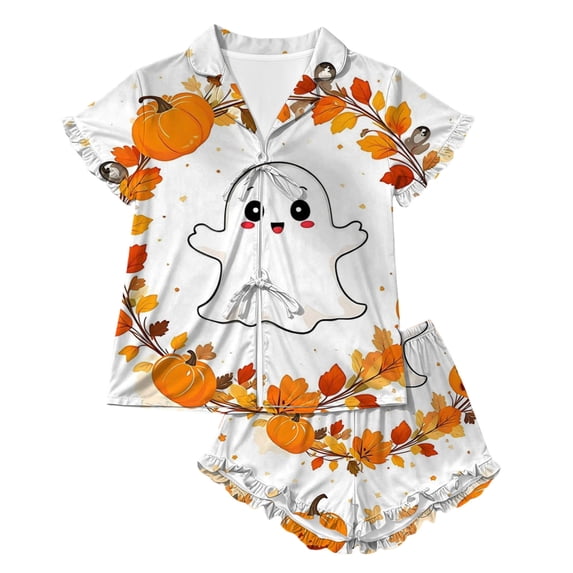 MEZZALL Girls Halloween Pajama Sets With Sleepwear Two Piece Cozy Short Sleeve Lapel Button Shirts Blouse Tops With Shorts For Toddler Kids Nightwear