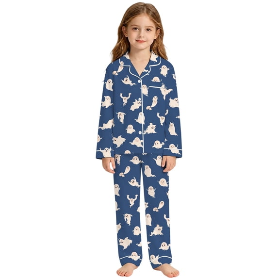 MEZZALL Girls Halloween Print Pajama Sets For Kids Cozy Nightwear Lapel Button Down Long Sleeve Tops And Pants 2 Piece Sleepwear