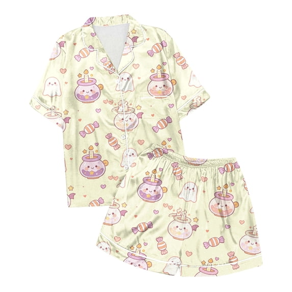 MEZZALL Girls Halloween Print Pajama Sets Short Sleeve Lapel Button Shirts Blouse Tops With Shorts Kids Nightwear 2 Piece Sleepwear