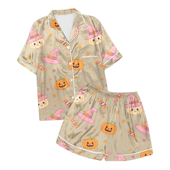 MEZZALL Girls Halloween Print Pajama Sets Short Sleeve Lapel Button Shirts Blouse Tops With Shorts Kids Nightwear 2 Piece Sleepwear
