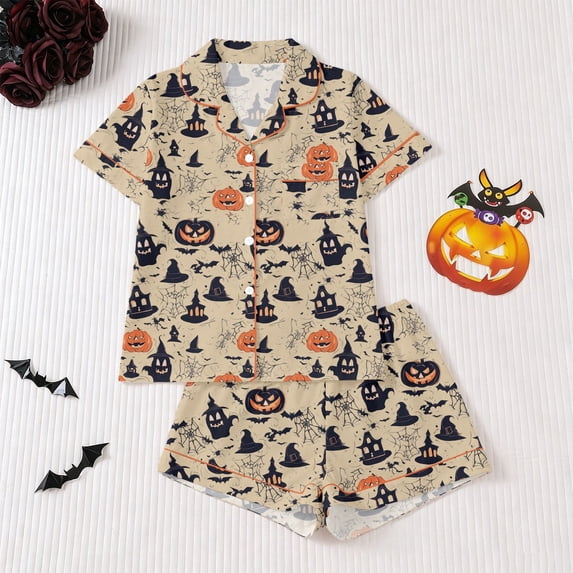 MEZZALL Girls Halloween Print Sleepwear Cozy Short Sleeve Lapel Button Shirts Blouse Tops With Shorts For Kids Comfortable Pajama Sets Cute Holiday Nightwear