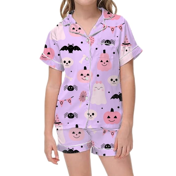 MEZZALL Girls Halloween Sleepwear Short Sleeve Pumpkin Bat Printed Lapel Blouse Pajamas Sets Tops With Elastic Waist Shorts Two Piece Loungewear For Kids Relaxed Fit Nightwear