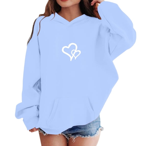 MEZZALL Girls Hood Cozy Heart Print Hoodie Dress Up Kids Hooded Sweatshirt For Lightweight Soft Lined Contemporary Everyday Wear Long Sleeve Pullover , Light Blue