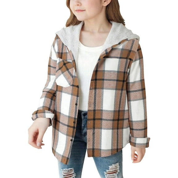 MEZZALL Girls Hooded Plaid Shirt Jacket Long Sleeve Casual Loose Fit Outerwear Solid Color Kids Comfort Versatile Everyday Wear With Classic Design Children Fashion Play Coats Lovely Streetwear