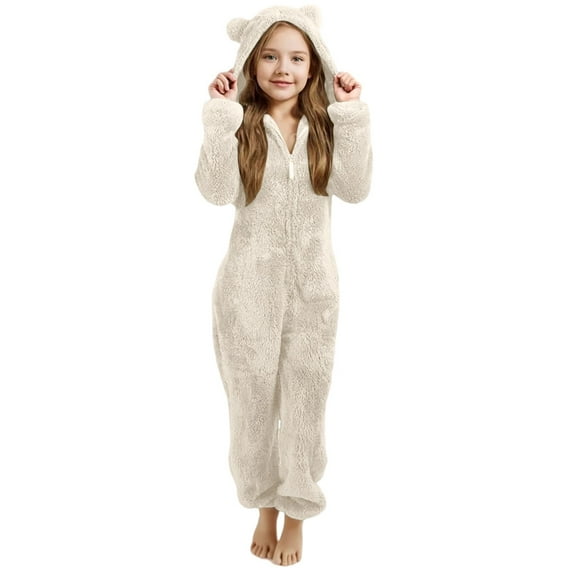 MEZZALL Girls Hooded Romper Long Sleeve Jumpsuit One-Piece With Ears Soft Warm Winter Pajamas Play Toddler Kids Solid Color Versatile Teen Nightwear